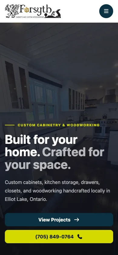 Forsyth Cabinets on mobile, with compact navigation, kitchen photography, and project and phone buttons