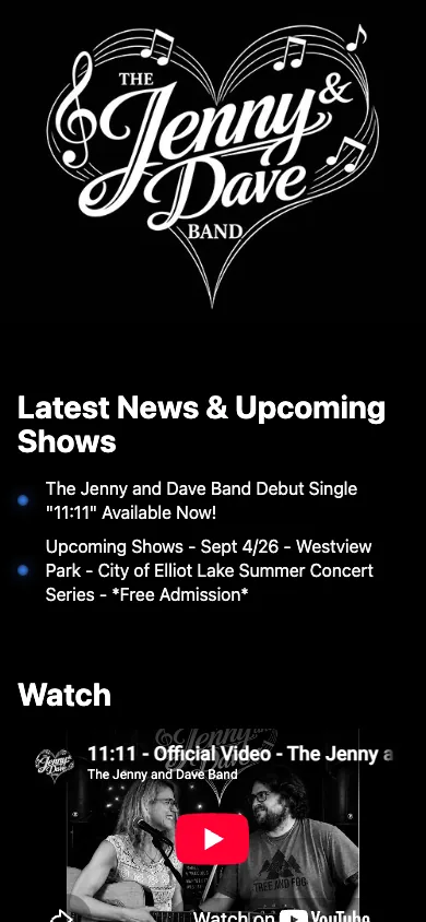 The Jenny and Dave Band mobile homepage with the band logo, show updates, and a video preview