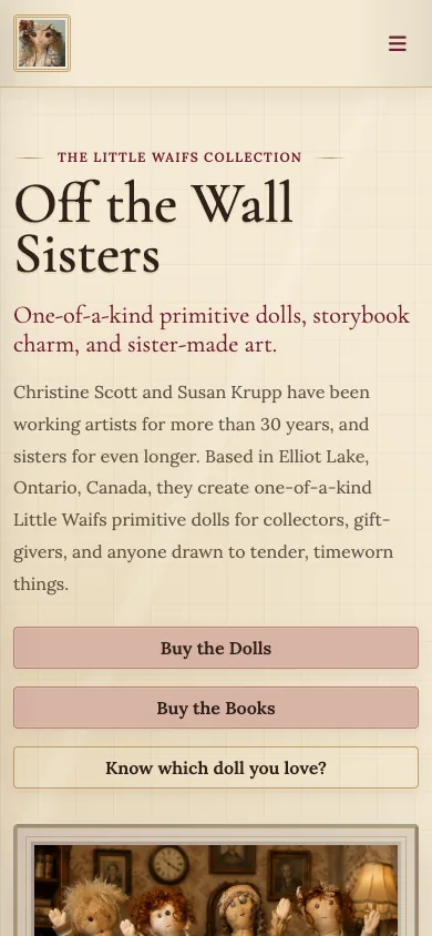 Off the Wall Sisters mobile homepage with its introduction, stacked doll and book links, and framed artwork